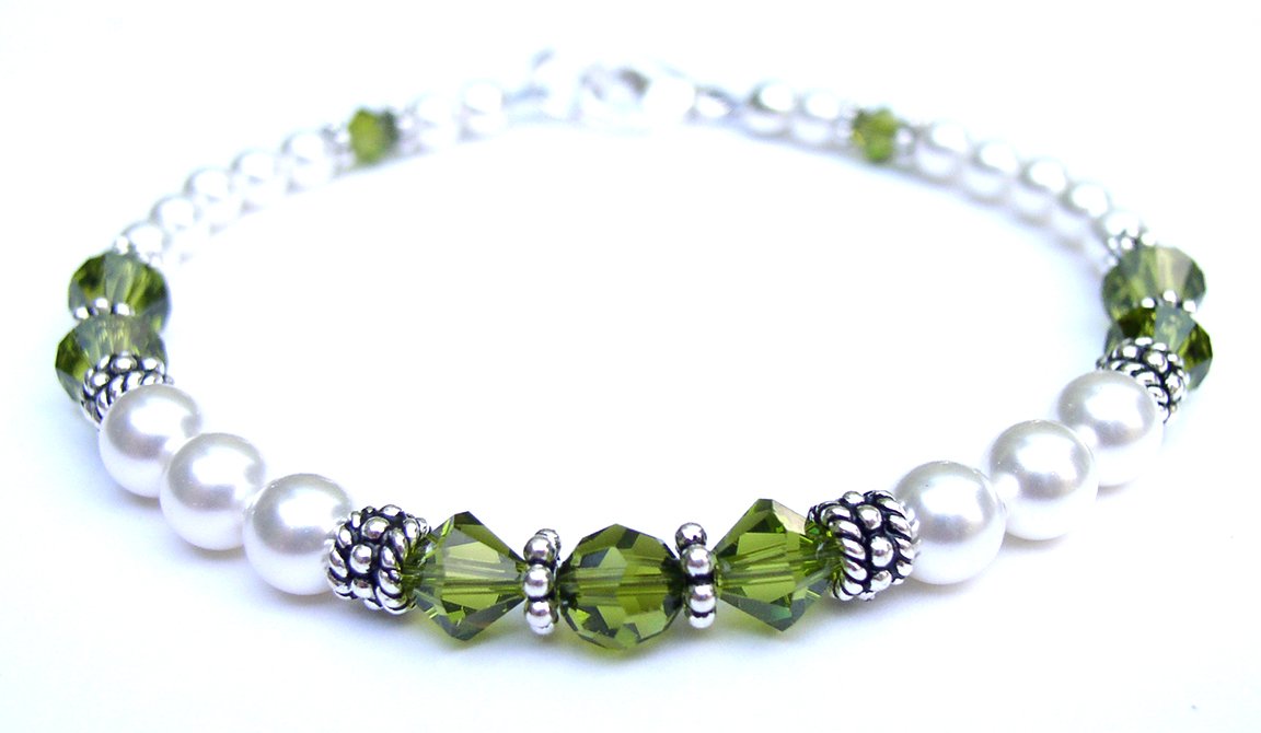 Dark Peridot August Birthstone Bracelet, Genuine Freshwater Pearl Crystal Jewelry Beaded Bracelet