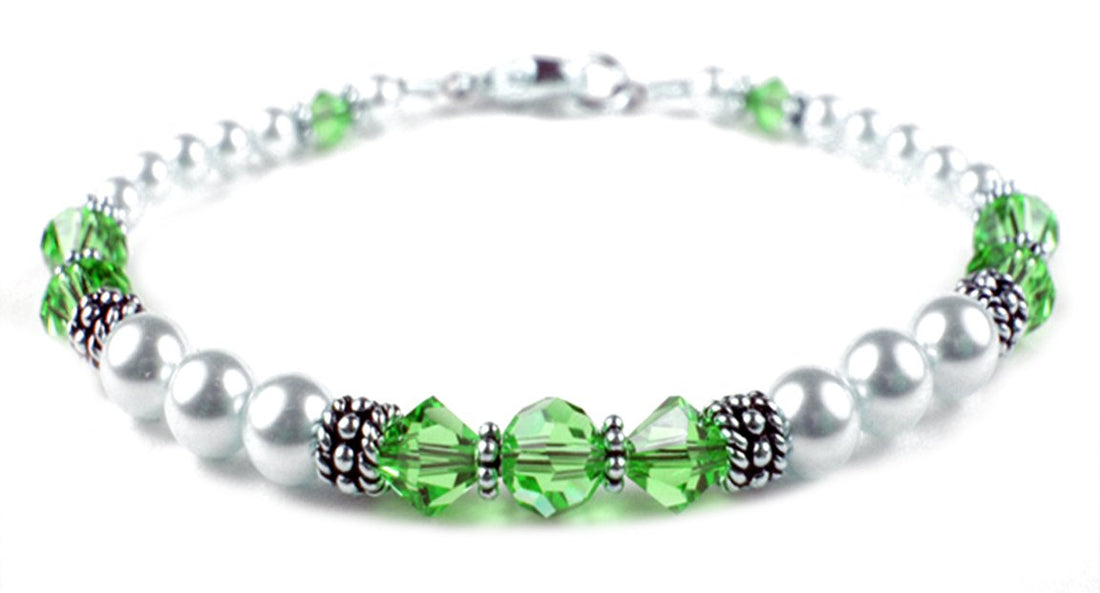 Peridot August Birthstone Bracelet, Genuine Freshwater Pearl Crystal Jewelry Beaded Bracelet