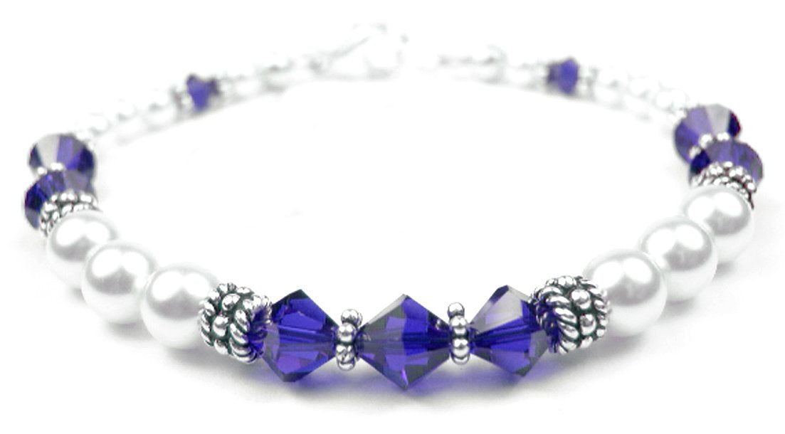 Dark Blue September Sapphire Birthstone Bracelet, Genuine Freshwater Pearl Crystal Jewelry Bracelet