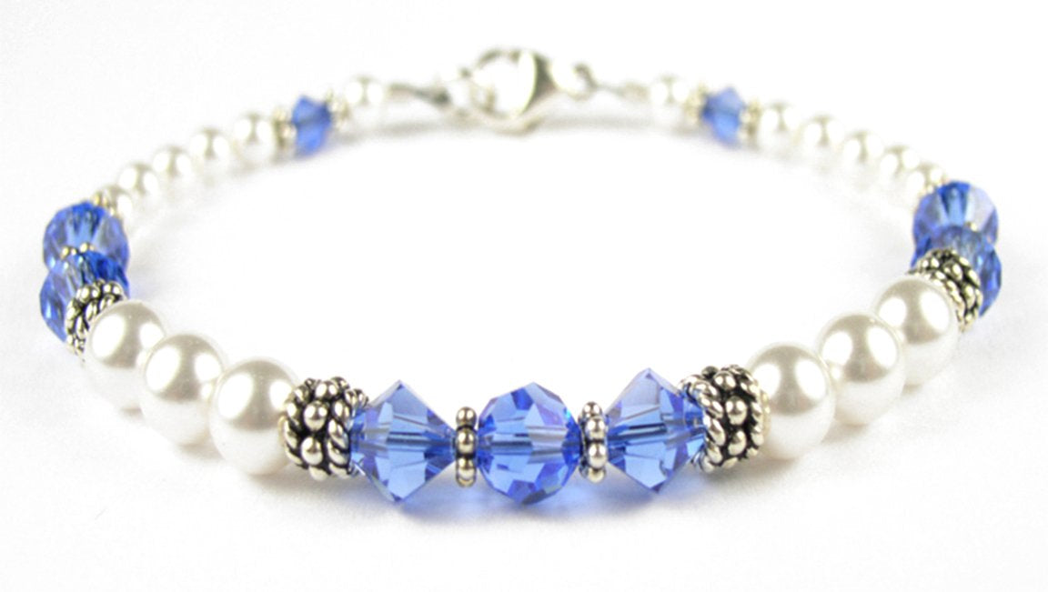 Blue Sapphire September Birthstone Bracelet, Genuine Freshwater Pearl Crystal Jewelry Bracelet