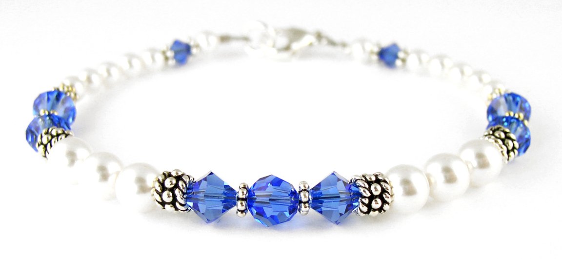 Blue Sapphire September Birthstone Bracelet, Genuine Freshwater Pearl Crystal Jewelry Bracelet