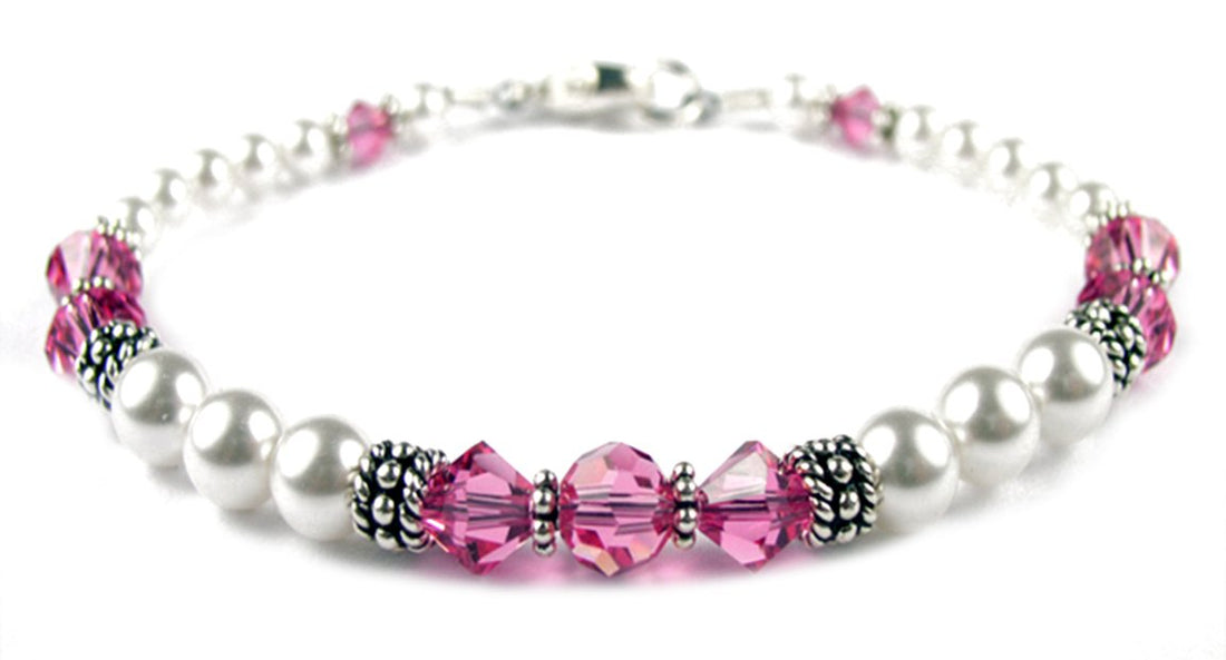Pink Tourmaline October Birthstone Bracelet, Genuine Freshwater Pearl Crystal Jewelry Beaded Bracelet