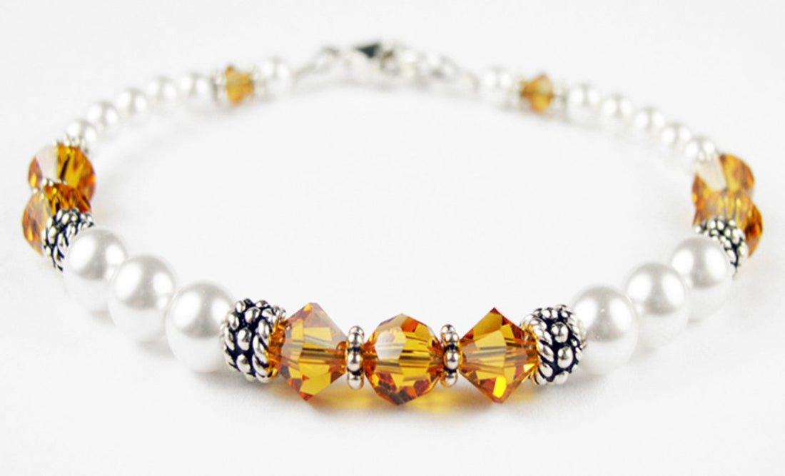 Yellow Topaz November Birthstone Bracelet, Genuine Freshwater Pearl Crystal Jewelry Beaded Bracelet