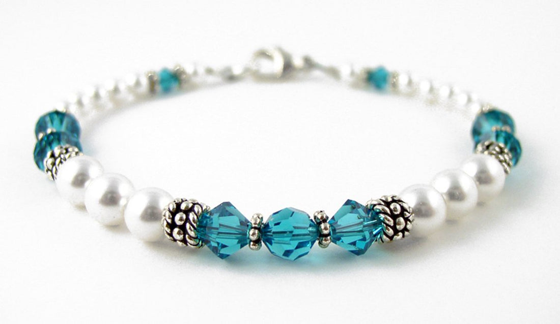 Blue Zircon December Birthstone Bracelet, Genuine Freshwater Pearl Crystal Jewelry Bracelet