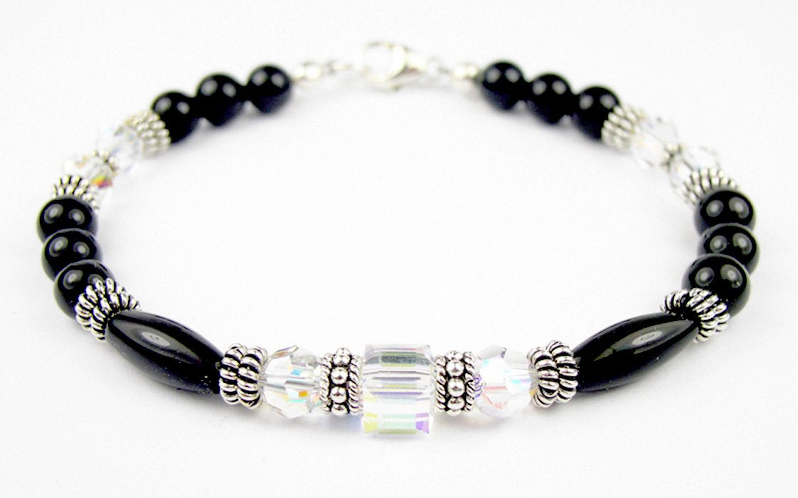 Clear Crystal April Birthstone Bracelets, Black Onyx Crystal Jewelry Beaded Bracelets