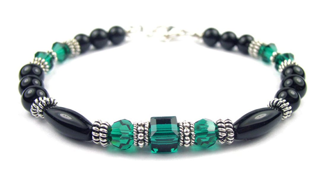 Green Emerald Birthstone Bracelets, Black Onyx Crystal Jewelry Beaded Bracelets