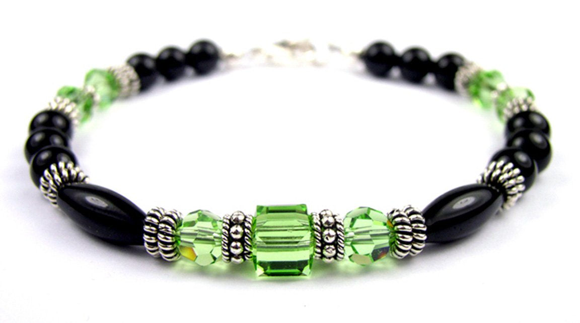 Green Peridot Birthstone Bracelets, Black Onyx Crystal Jewelry Beaded Bracelets
