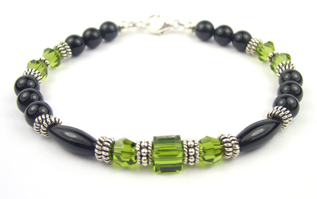 Green Olivine Birthstone Bracelets, Black Onyx Crystal Jewelry Beaded Bracelets
