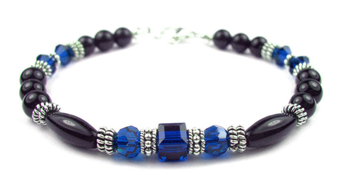 Blue Sapphire Birthstone Bracelets, Black Onyx Crystal Jewelry Beaded Bracelets