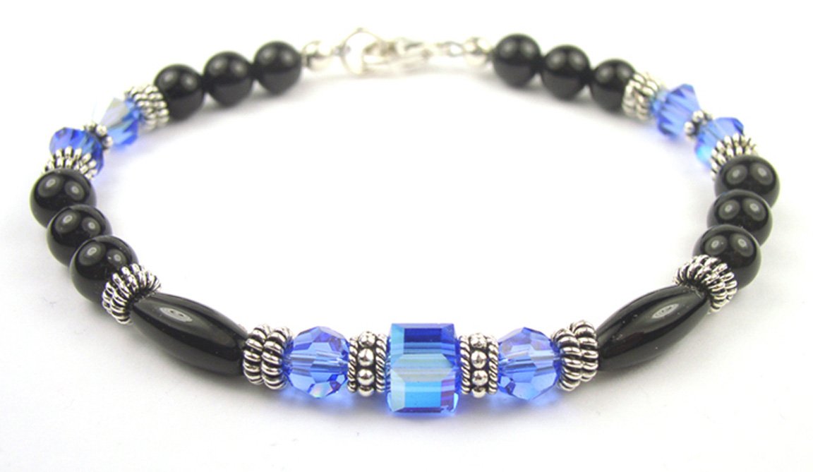 Blue Sapphire Birthstone Bracelets, Black Onyx Crystal Jewelry Beaded Bracelets