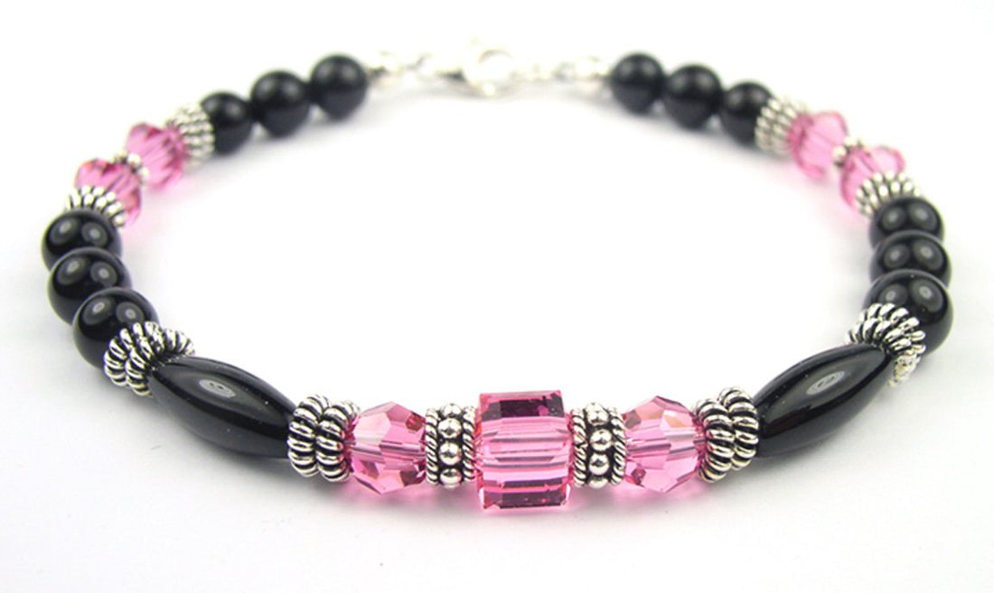 Pink Tourmaline Birthstone Bracelets, Black Onyx Crystal Jewelry Beaded Bracelets