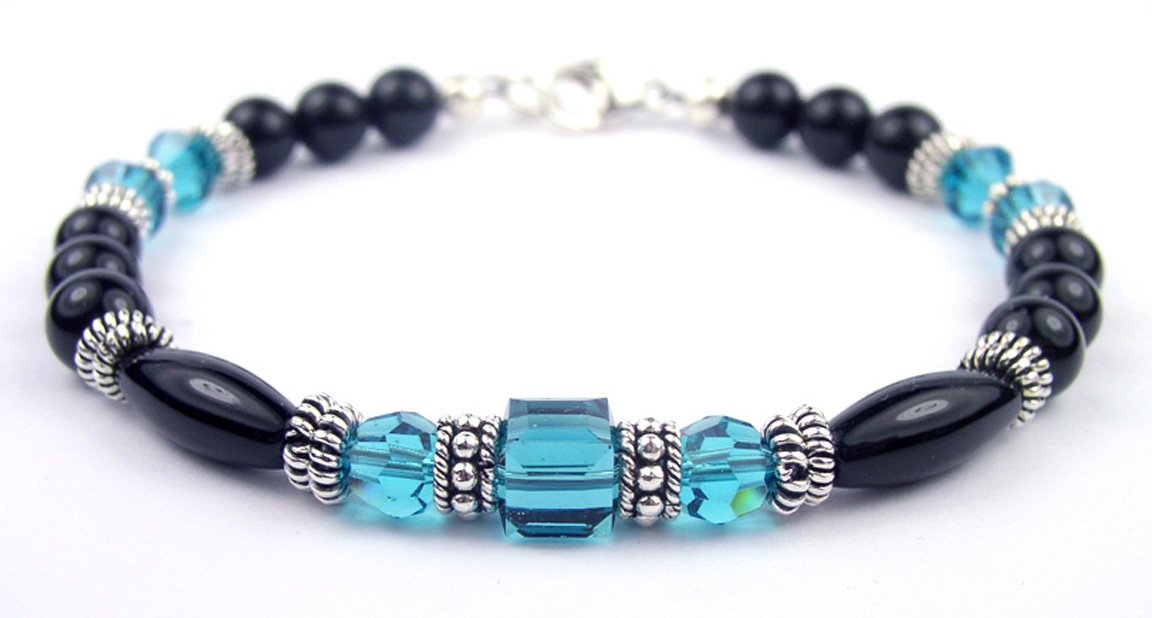 Blue Zircon Birthstone Bracelets, Black Onyx Crystal Jewelry Beaded Bracelets