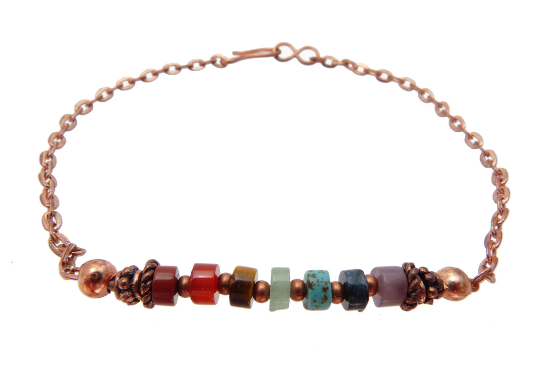 Dainty Chakra Bracelet, Copper Bracelet, Gemstone Healing Crystals Intention Jewelry B7029