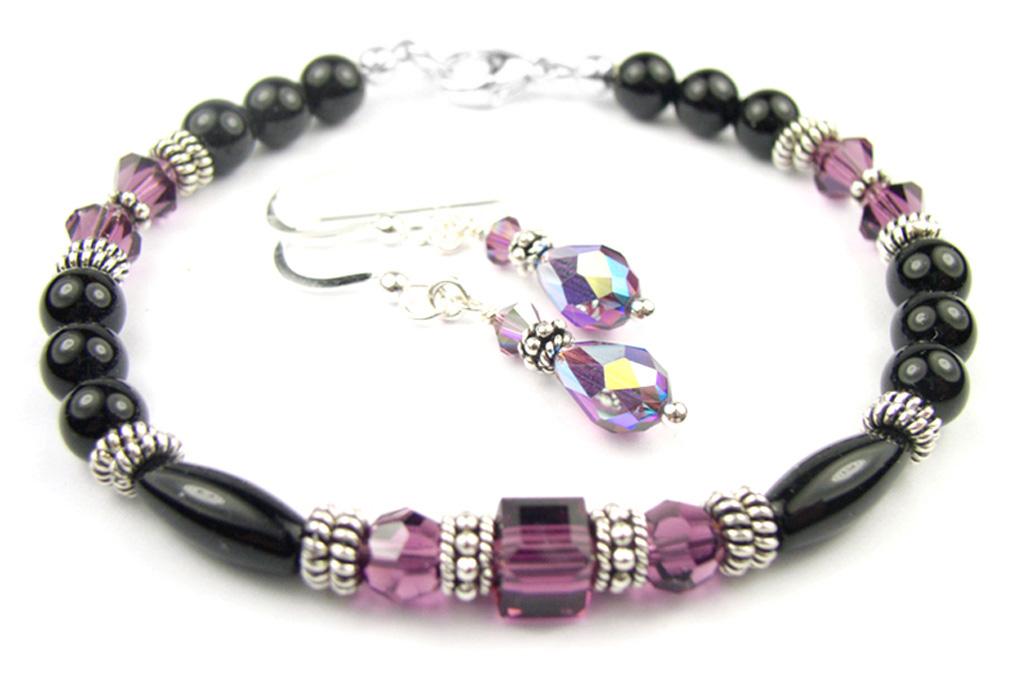 Black Onyx Bracelet and Earrings SET w/ Faux Purple Amethyst in Crystal Jewelry Birthstone Colors