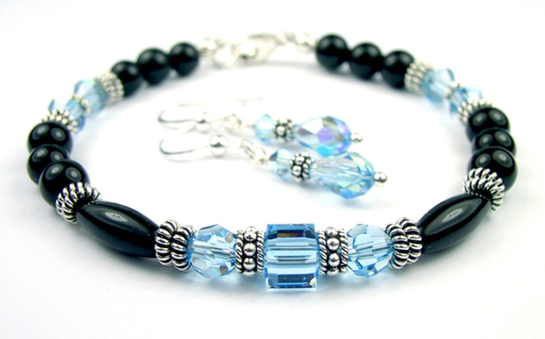 Black Onyx Bracelet and Earrings SET w/ Faux Blue Aquamarine in Crystal Jewelry Birthstone Colors