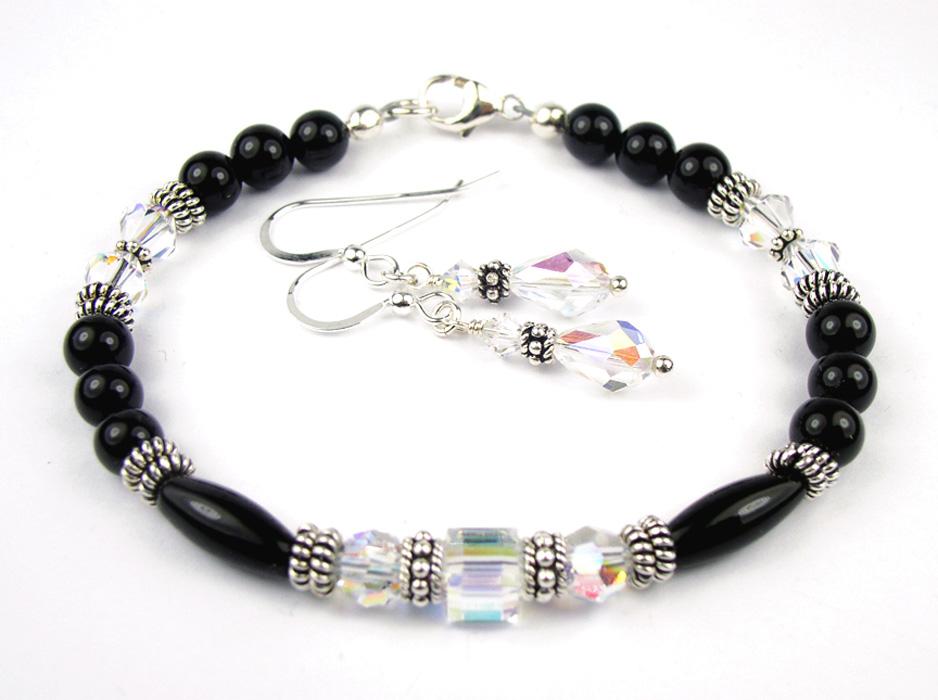 Black Onyx Bracelet and Earrings SET w/ Faux Clear Crystal April in Crystal Jewelry Birthstone Colors