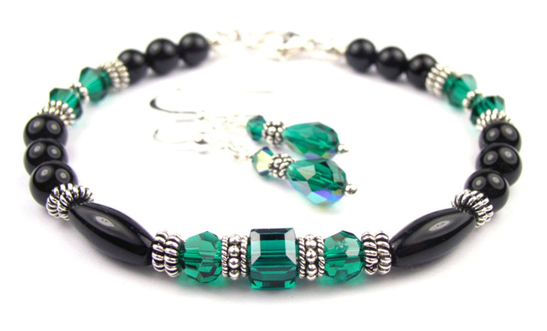 Black Onyx Bracelet and Earrings SET w/ Faux Green Emerald in Crystal Jewelry Birthstone Colors