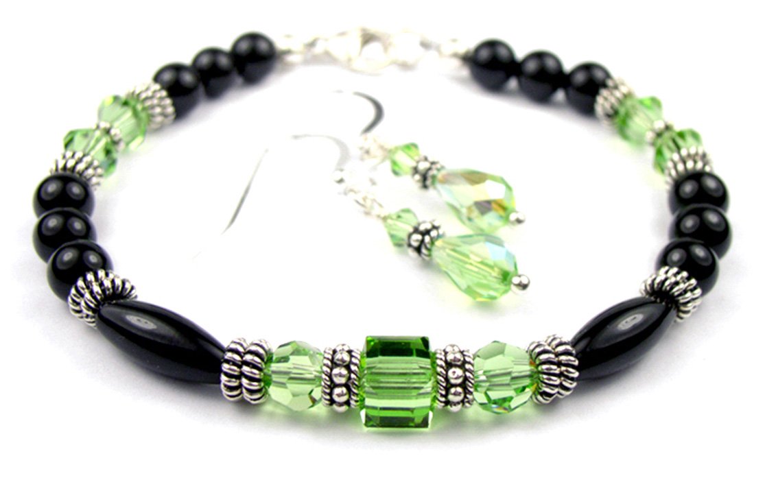 Black Onyx Bracelet and Earrings SET w/ Faux Green Peridot in Crystal Jewelry Birthstone Colors