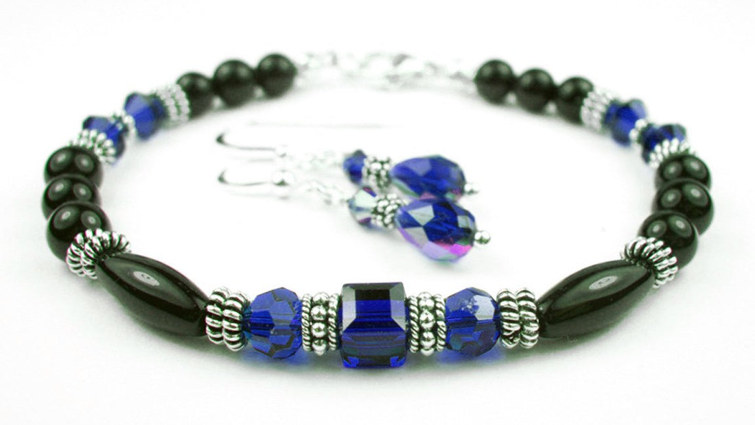 Black Onyx Bracelet and Earrings SET w/ Faux Blue Sapphire in Crystal Jewelry Birthstone Colors