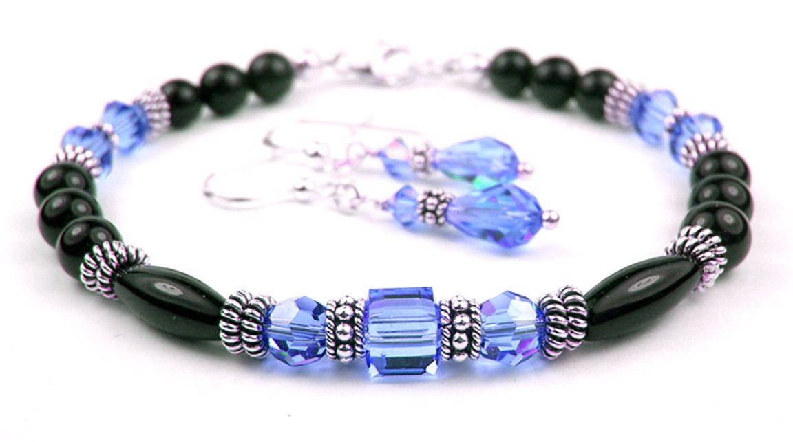 Black Onyx Bracelet and Earrings SET w/ Faux Blue Sapphire in Crystal Jewelry Birthstone Colors