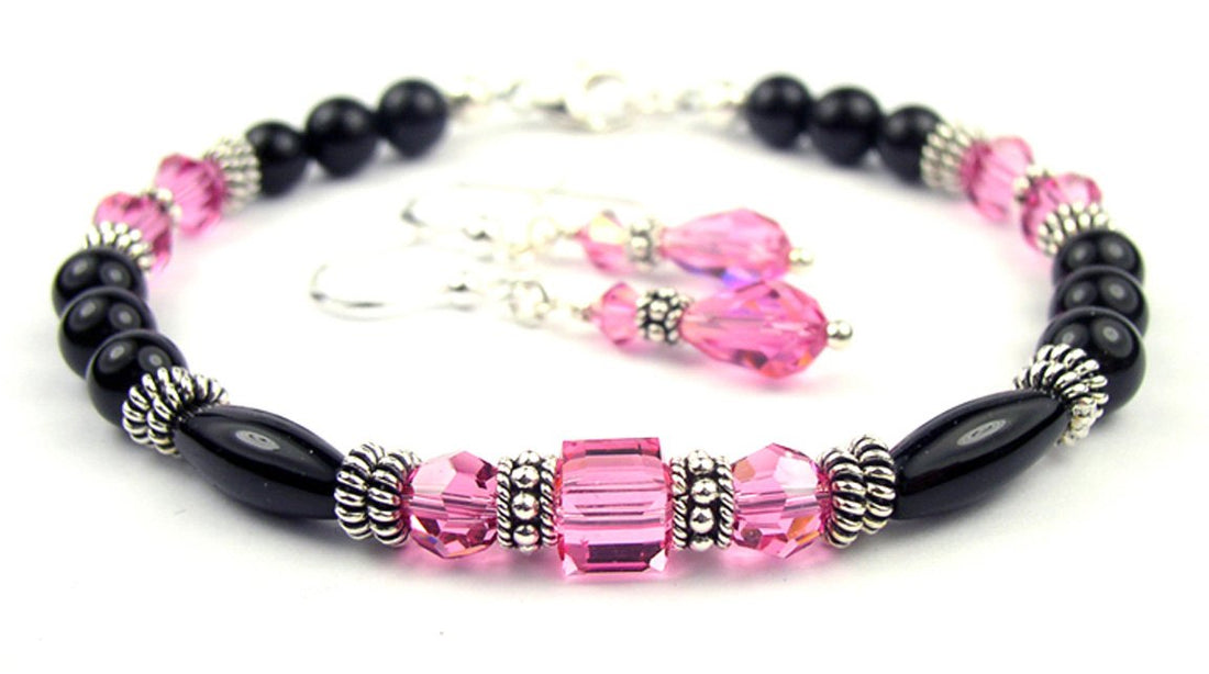Black Onyx Bracelet and Earrings SET w/ Faux Pink Tourmaline in Crystal Jewelry Birthstone Colors