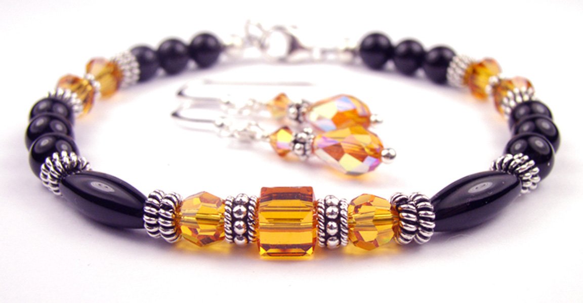 Black Onyx Bracelet and Earrings SET w/ Faux Yellow Topaz in Crystal Jewelry Birthstone Colors