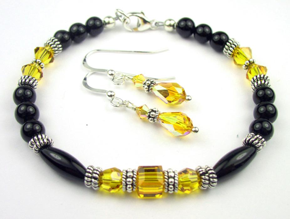 Black Onyx Bracelet and Earrings SET w/ Faux Yellow Topaz in Crystal Jewelry Birthstone Colors