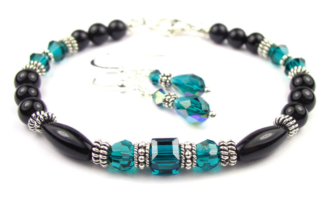 Black Onyx Bracelet and Earrings SET w/ Faux Blue Zircon in Crystal Jewelry Birthstone Colors