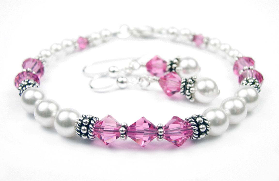 Freshwater Pearl Jewerly Sets: Real Pearl Bracelets Faux Pink Tourmaline in Crystal Jewelry Birthstone Colors