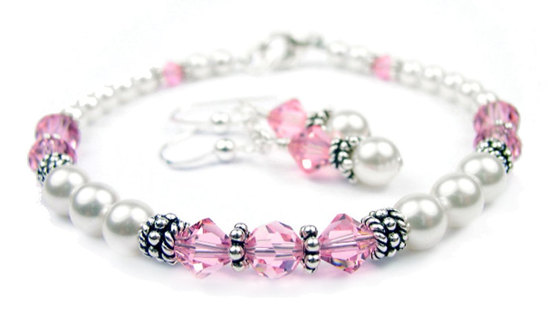 Freshwater Pearl Jewerly Sets: Real Pearl Bracelets Faux Pink Tourmaline in Crystal Jewelry Birthstone Colors