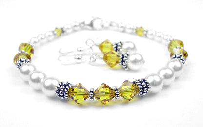 Freshwater Pearl Jewerly Sets: Real Pearl Bracelets Faux Yellow Topaz in Crystal Jewelry Birthstone Colors