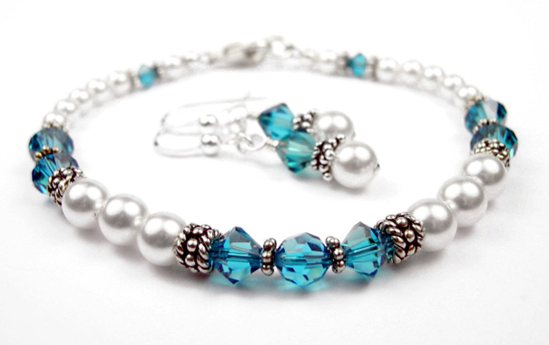 Freshwater Pearl Jewerly Sets: Real Pearl Bracelets Faux Blue Zircon in Crystal Jewelry Birthstone Colors