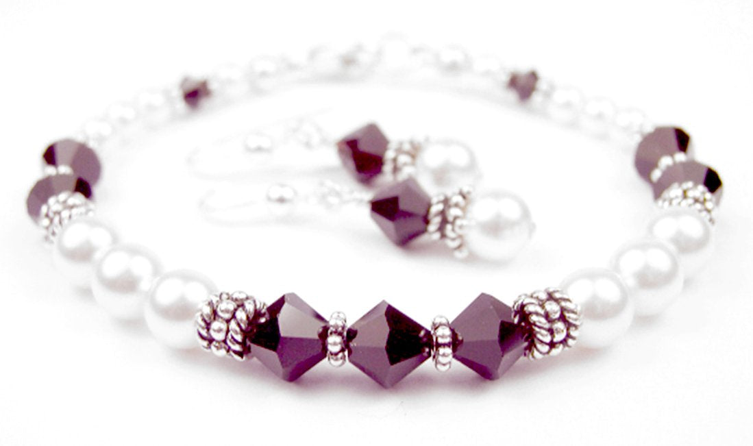 Garnet Bracelet, Crystal &amp; Pearls Bead Bracelets for Women, Red Garnet Jewelry, January Birthstone, Birthday Gifts for Her in Sterling Silver
