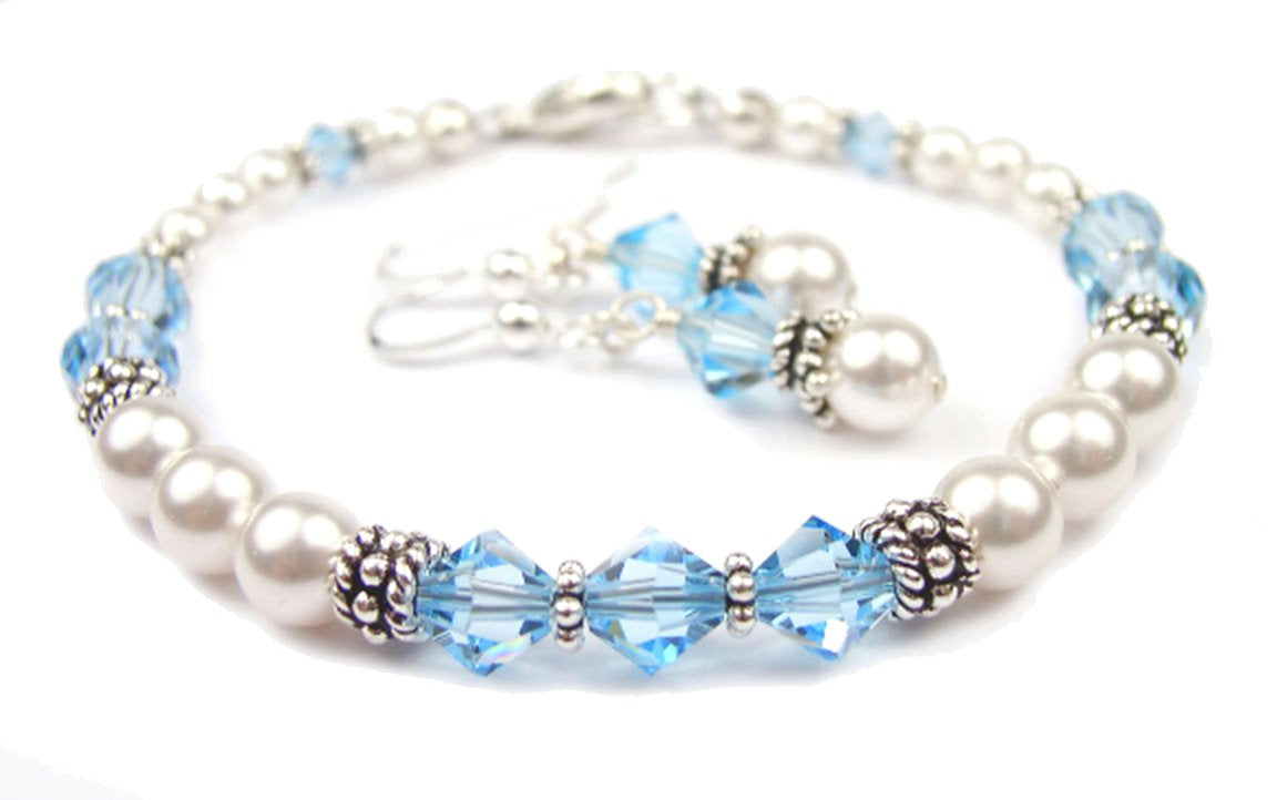 Freshwater Pearl Jewerly Sets: Real Pearl Bracelets Faux Blue Aquamarine in Crystal Jewelry Birthstone Colors