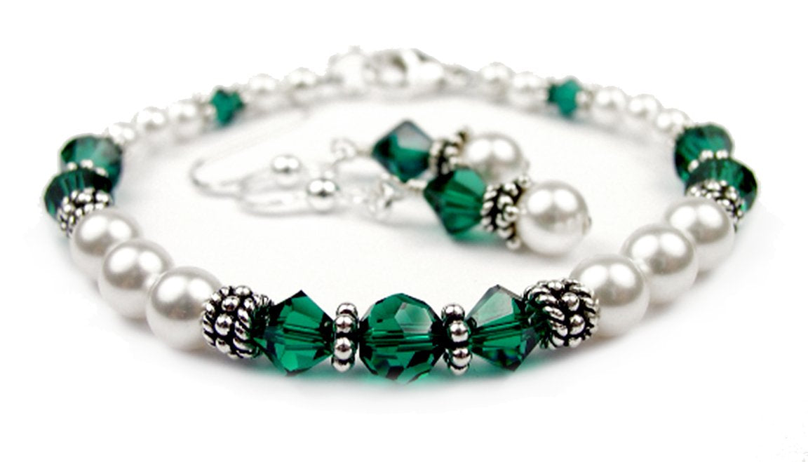 Freshwater Pearl Jewerly Sets: Real Pearl Bracelets Faux Green Emerald in Crystal Jewelry Birthstone Colors