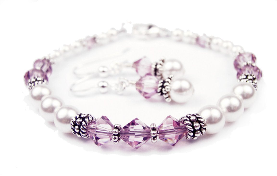 Freshwater Pearl Jewerly Sets: Real Pearl Bracelets Faux Purple Alexandrite in Crystal Jewelry Birthstone Colors