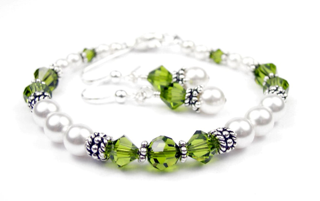 Freshwater Pearl Jewerly Sets: Real Pearl Bracelets Faux Green Peridot in Crystal Jewelry Birthstone Colors