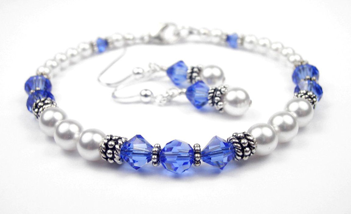 Freshwater Pearl Jewerly Sets: Real Pearl Bracelets Faux Blue Sapphire in Crystal Jewelry Birthstone Colors