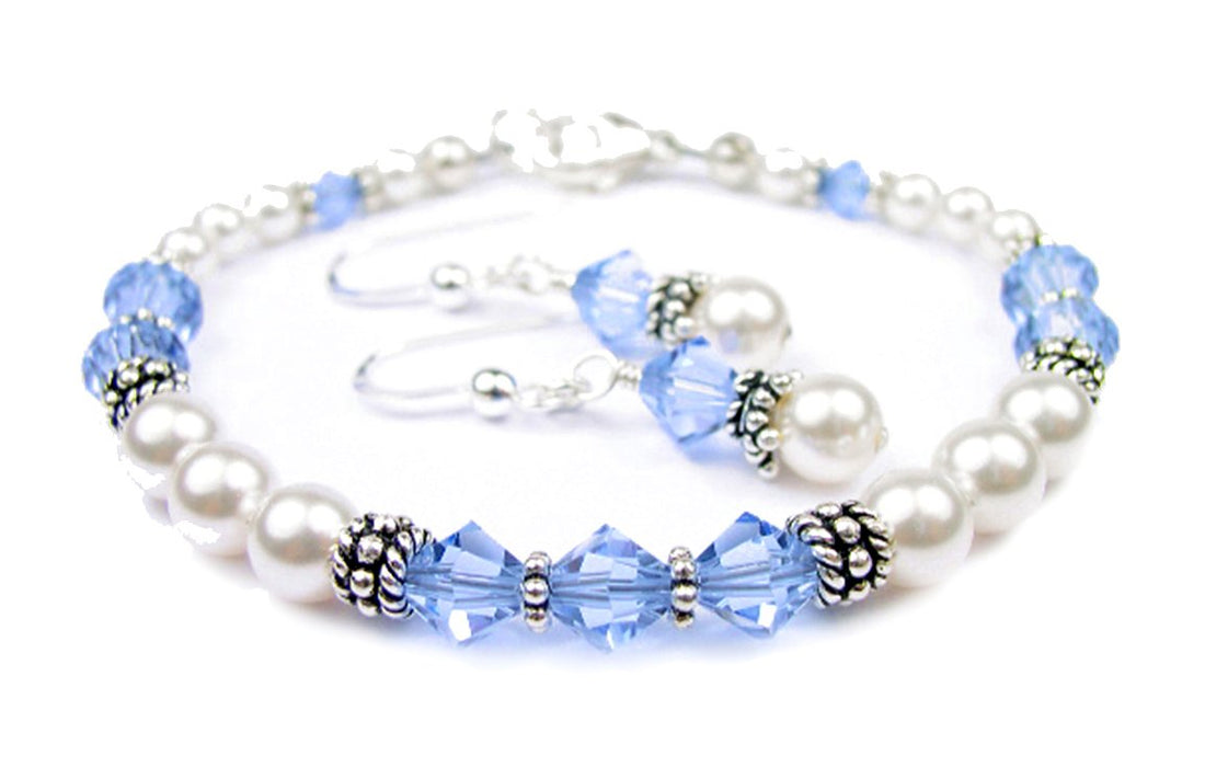 Freshwater Pearl Jewerly Sets: Real Pearl Bracelets Faux Blue Sapphire in Crystal Jewelry Birthstone Colors