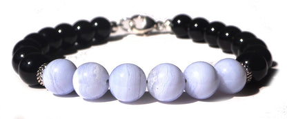 Mens Chakra Bracelet w/ Black Onyx Blue Lace Agate Throat Chakra Bracelet Healing Crystals Bracelet, Jewels for Gents