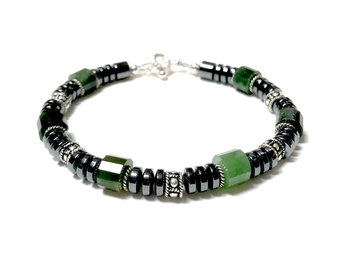 Mens Green Nephrite Jade Raw Nugget Heart Chakra Gemstone Beaded Bracelet, Jewels for Gents