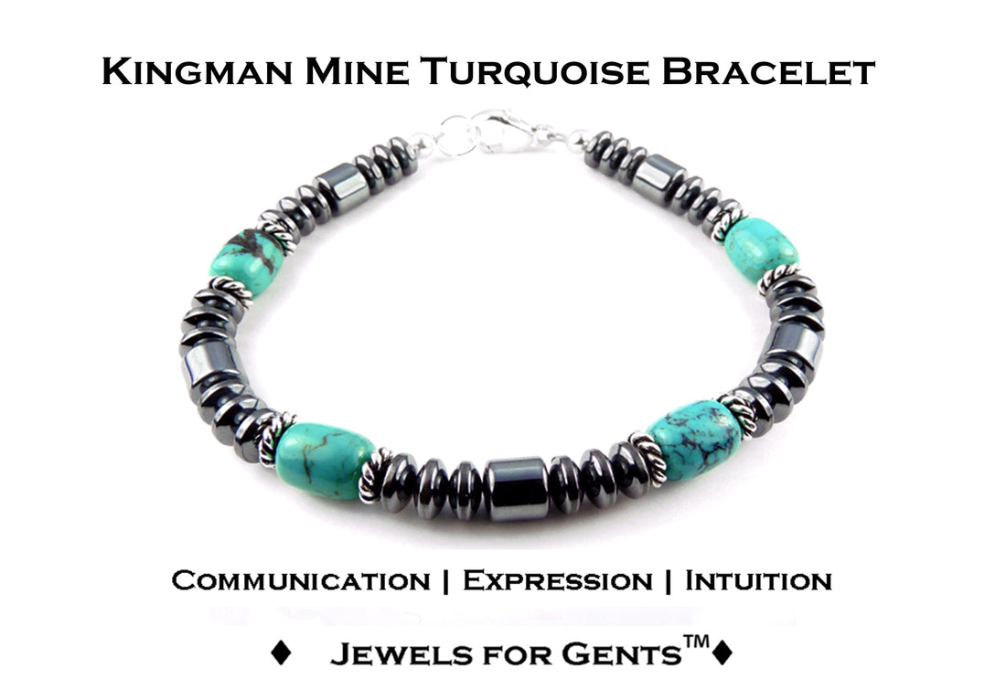 Mens Kingman Mine Turquoise Bracelet for Wise Choices &amp; Decisions Throat Chakra Bracelet, Jewels for Gents, Jewels for Gents