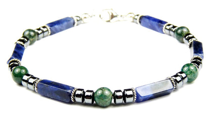 Mens Sodalite &amp; Moss Agate Brow Chakra Bracelet, Gemstone Beaded Bracelet, Jewels for Gents