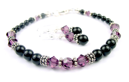 Black Pearl Purple Amethyst February Crystal Jewelry Birthstone Beaded Bracelets &amp; Earrings Set