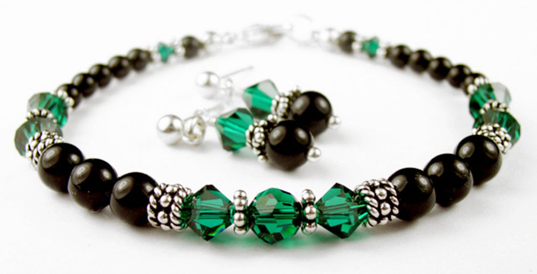 Black Pearl Emerald Green May Crystal Jewelry Birthstone Beaded Bracelets &amp; Earrings Set