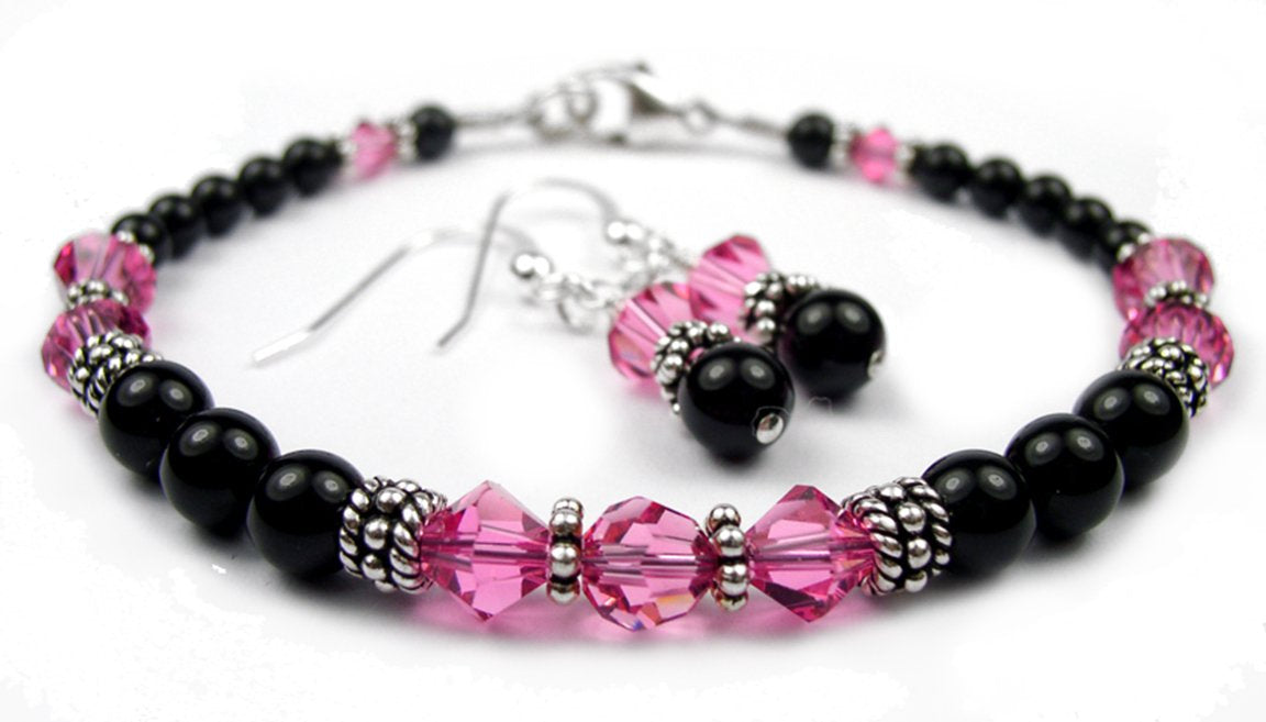 Black Pearl Pink Tourmaline October Crystal Jewelry Birthstone Beaded Bracelets &amp; Earrings Set
