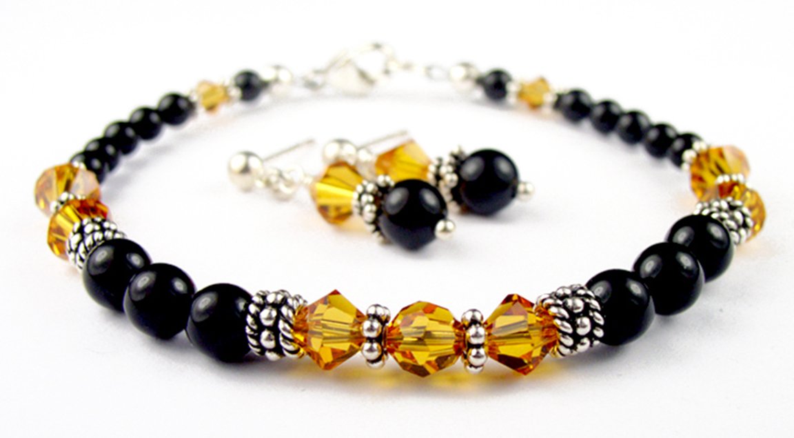 Black Pearl Yellow Topaz November Crystal Jewelry Birthstone Beaded Bracelets &amp; Earrings Set