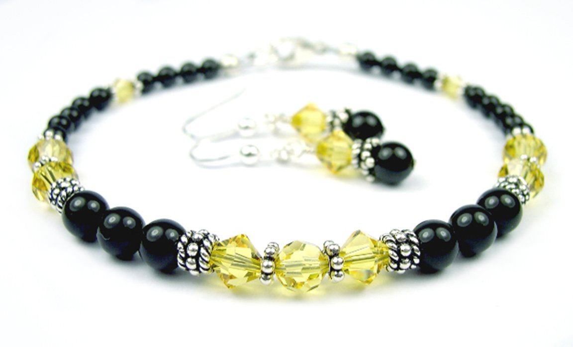 Black Pearl Yellow Citrine November Crystal Jewelry Birthstone Beaded Bracelets &amp; Earrings Set