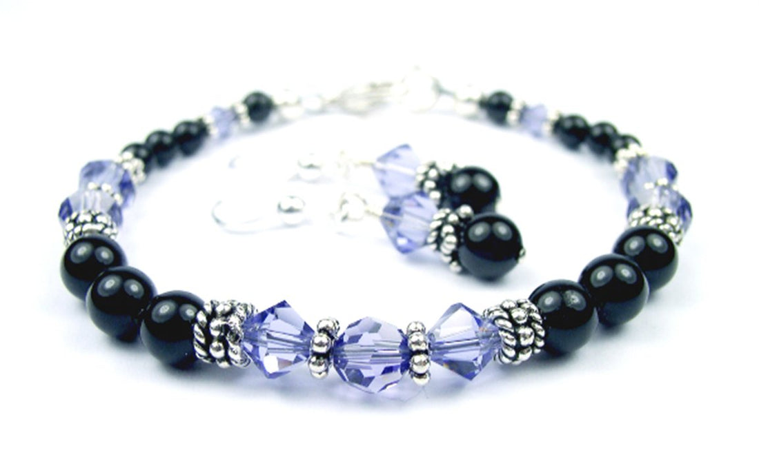 Black Pearl Tanzanite December Crystal Jewelry Birthstone Beaded Bracelets &amp; Earrings Set