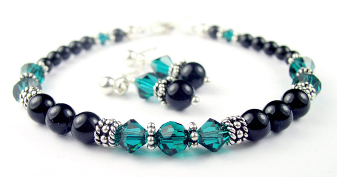 Black Pearl Blue Zircon December Crystal Jewelry Birthstone Beaded Bracelets &amp; Earrings Set